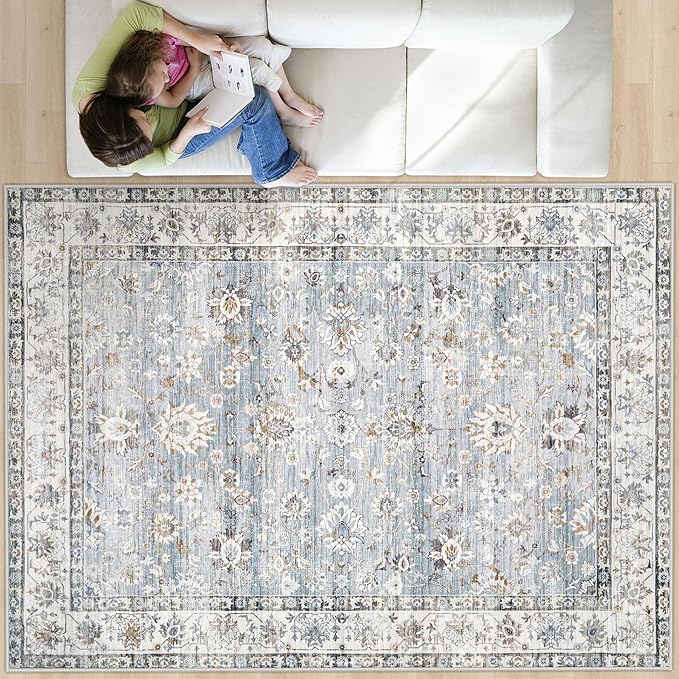 XLUEZ Area Rug 8x10 Living Room Rug, Machine Washable Vintage Distressed Boho Area Rug Non-Slip Soft Low Pile Large Indoor Rugs for Bedroom Kitchen Dining Room Office(Light Blue,8'x10')