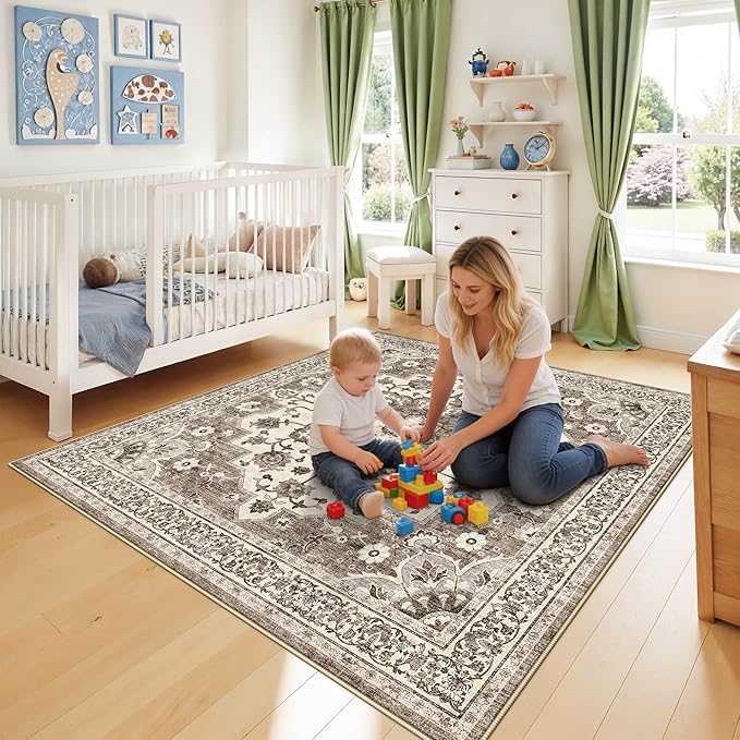 TOPRUUG Washable 5x5 Rug Square - Ultra Soft Living Room Area Rug Under Sofa Non-Slip Rugs for Bedroom Dining Room - Stain Resistant Farmhouse Decor for Family with Pets & Kids (Beige, 5x5)