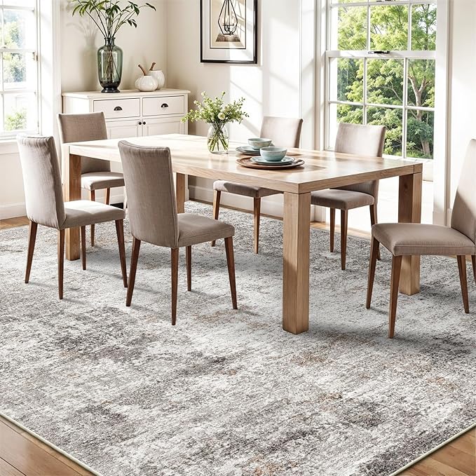 9x12 Washable Living Room Rugs - Modern Abstract Neutral Soft Large Area Rugs for Bedroom Non-Slip Low Pile Thin Stain-Resistant Carpet for Dining Room Home Office (Beige Grey)