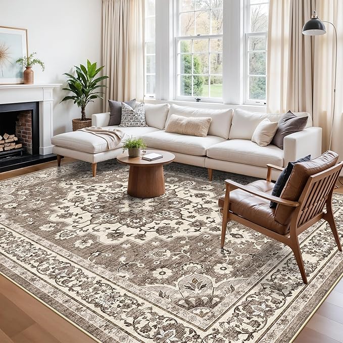 TOPRUUG Washable 10x13 Area Rug - Ultra Soft Living Room Area Rug Under Sofa Non-Slip Rugs for Bedroom Dining Room - Stain Resistant Farmhouse Decor for Family with Pets & Kids (Beige, 10x13)