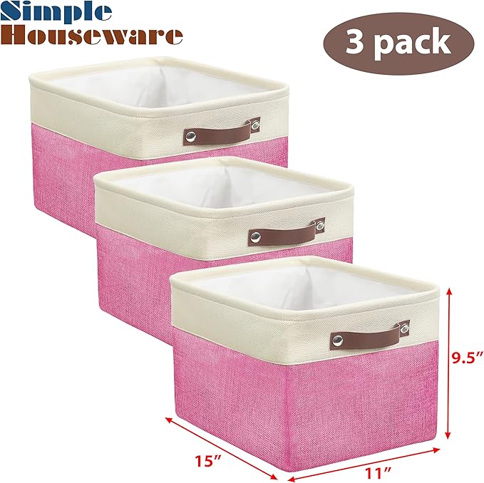 Simple Houseware Large Fabric Storage Bin, 15" x 11" with Leather Like Handles, 3 Pack, Pink