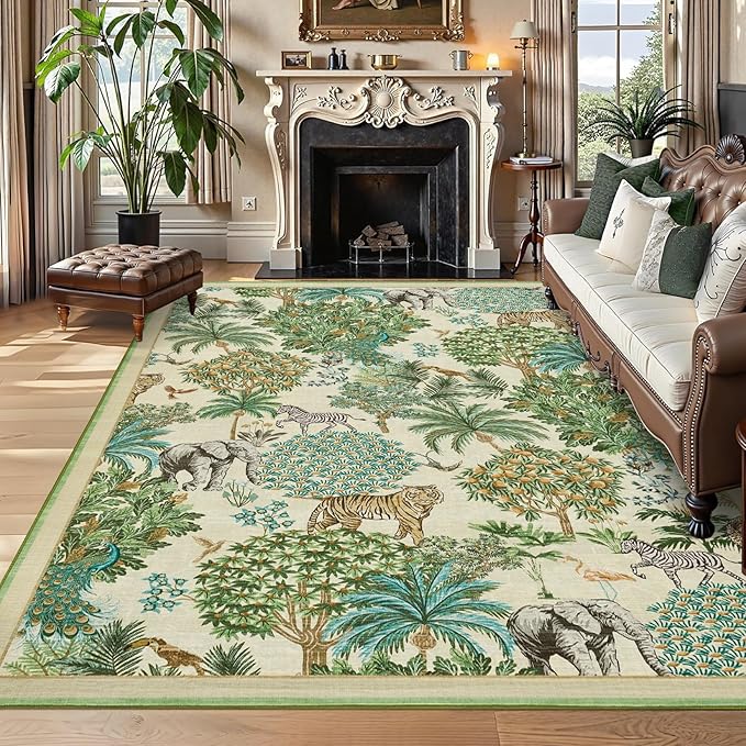 GarveeHome Jungle Washable Rug 9x12 Area Rugs for Living Room Bedroom, Animal Print Rug Non Slip Low Pile Forest Stain Resistance Large Throw Carpet for Dining Room Kids Playroom Nursery, Beige