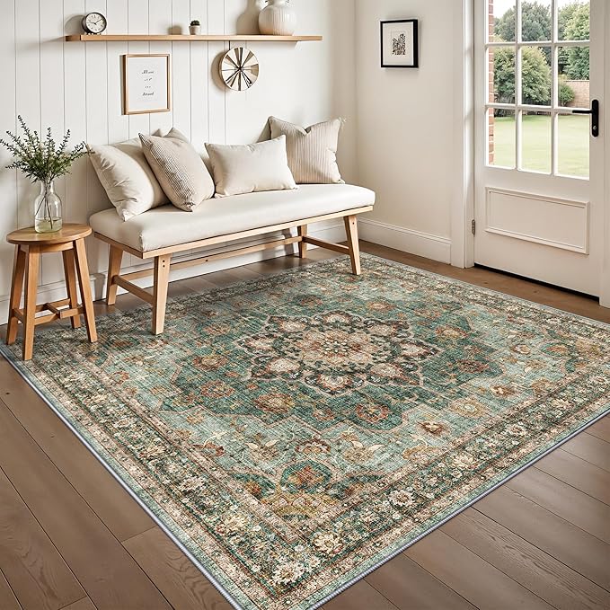 TOPRUUG Washable 5x5 Rug Square - Ultra Soft Living Room Area Rug Under Sofa Non-Slip Rugs for Bedroom Dining Room - Stain Resistant Farmhouse Decor for Family with Pets & Kids (Green, 5x5)
