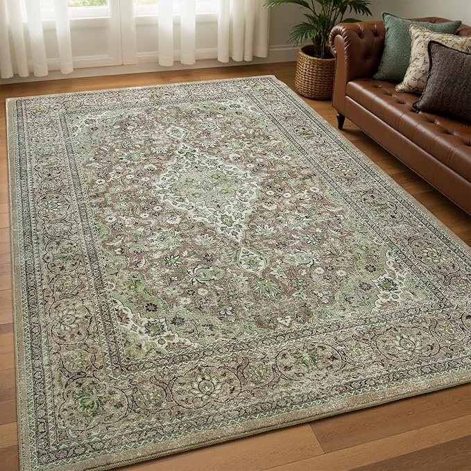 Goideal Washable Rug 5x7, Sage Green Area Rugs Non Slip, Indoor Low Pile Carpet with Rubber Backing for Living Room Kitchen Bathroom Entryway Office Bedroom