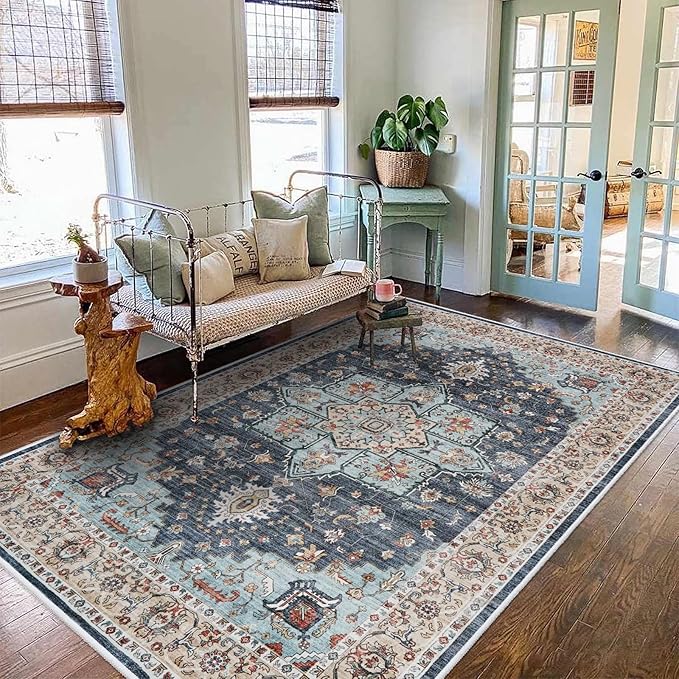 TOPRUUG Washable Oriental Area Rug - 5x7 Rugs for Living Room Soft Carpet for Bedroom Waterproof Floral Distressed Indoor Stain Resistant Non-Shedding Floor Carpets (Blue/Teal/Orange, 5x7)