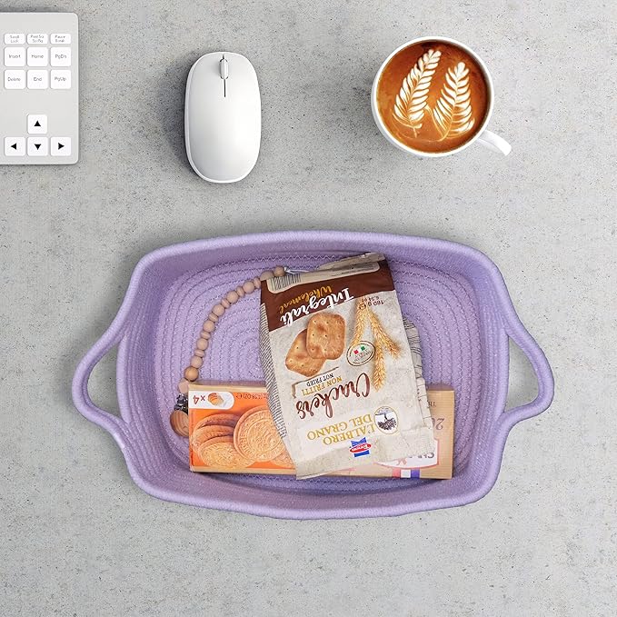 XUANGUO Woven Cotton Rope Storage Basket with Handles for Organizing Shelves Closet Small Cat Dog Pet Toy Baskets Box Bin Decorative Rectangle Baby Nursery basket Gift basket Empty(light purple)
