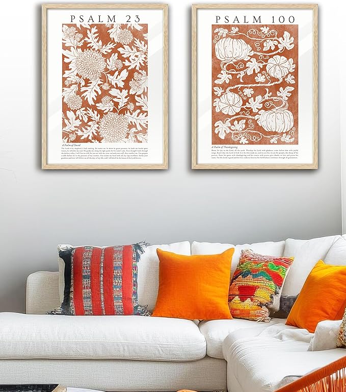 EcoHest Fall Botanical Pumpkins Framed Wall Art, Large 16x20 in OAK Wood Christian Psalm 100 Canvas Wall Art, Beige Logs A Psalm of Thanksgiving Home Decor Set of 1 for Bedroom Living Room