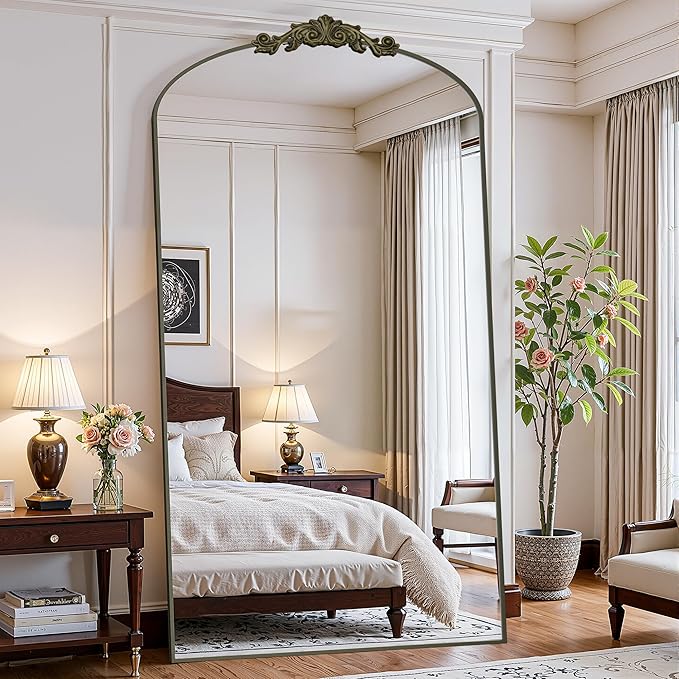 Antok Arched Full Length Mirror, 82"x44" Floor Mirror with Carved, Full Body Mirrors for HomeDecor, Standing/Halling Large Wall Mirror for Bedroom, Living Room, Cloakroom, Bronze, Retro Style