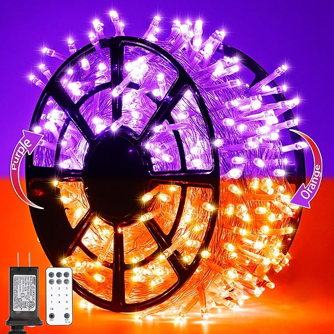 JMEXSUSS Halloween Lights, 8 Modes Waterproof Orange and Purple Light Outdoor Plug in, Clear Wire Halloween String Lights Indoor Bedroom 500 LED Orange and Purple 163 FT