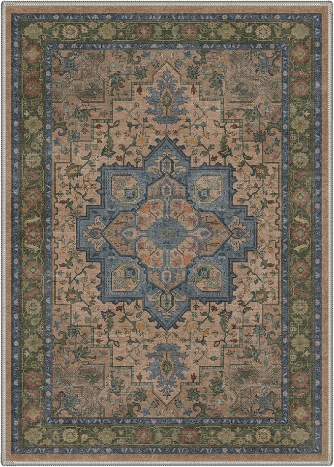 GENIMO 5x7 Area Rugs for Living Room, Machine Washable Rug, Non Slip Indoor Vintage Carpet, Low Pile Lightweight Chenille Print Carpet for Bedroom Dining Room Home Office, Dusty Sage