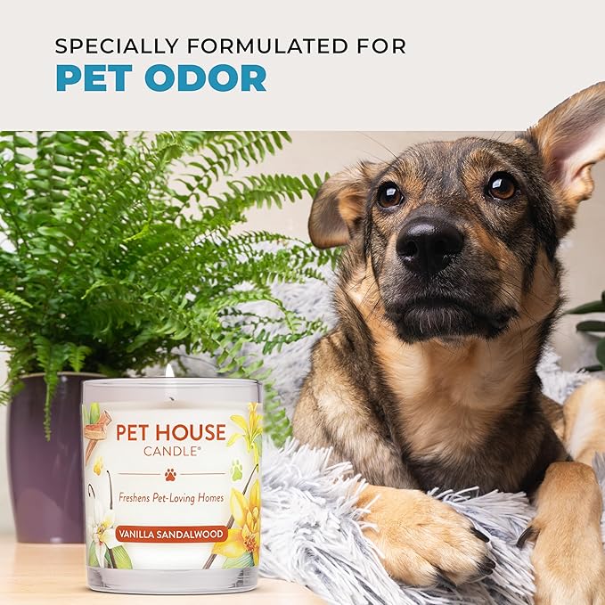 One Fur All Pet House Candle 2 Pack - Plant-Based/Soy - Clean Burning Scented, Long Lasting Pet Odor Candle for Home - Sunwashed Cotton