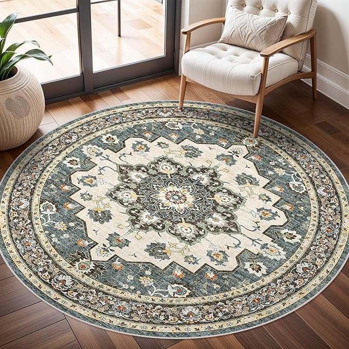 TOPRUUG Washable Oriental Area Rug - 6ft Round Rugs for Living Room Soft Carpet for Bedroom Waterproof Floral Distressed Indoor Stain Resistant Non-Shedding Floor Carpets (Blue, 6ft-Round)