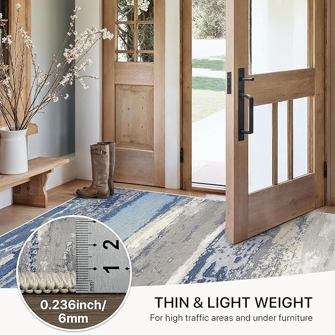 GENIMO 5X7 Washable Modern Area Rugs for Living Room, Non-Slip Low Pile Chenille Print Rug, Soft Rugs for Bedroom Dining Room Home Office, Indigo Drift