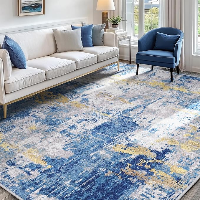 RELEANY Washable Area Rugs 9'x12' Non-Slip Modern Abstract Soft for Living Room Entryway Bedroom Nursery, Print Pattern, Grey Blue Gold/Golden