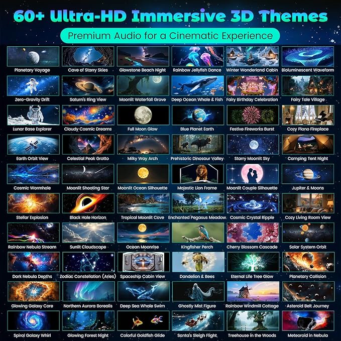 3D Galaxy Projector with Bluetooth Speaker, 60 HD Themes, 4-in-1 Night Light with Remote & Timer, Adjustable Focus for Ceiling Bedroom, Kids Room Party Gifts for Adults & Kids
