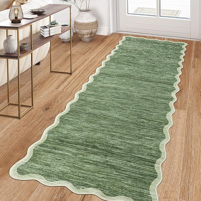 GarveeHome Scalloped Washable Runner Rug 2x6 Runner Abstract Modern Green Kitchen Runner Rug Non Slip Farmhouse Entryway Rug Soft Bathroom Rugs Stain Resistant Carpet for Laundry Bedroom 2'x6'