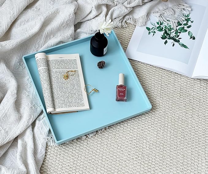 Blue Square Plastic Tray - 11 Inch Organizer Tray for Bathroom Vanity, Dresser, Coffee Table, Nightstand | Decorative Catch-All Tray for Makeup, Jewelry, Remote Controls & Essentials