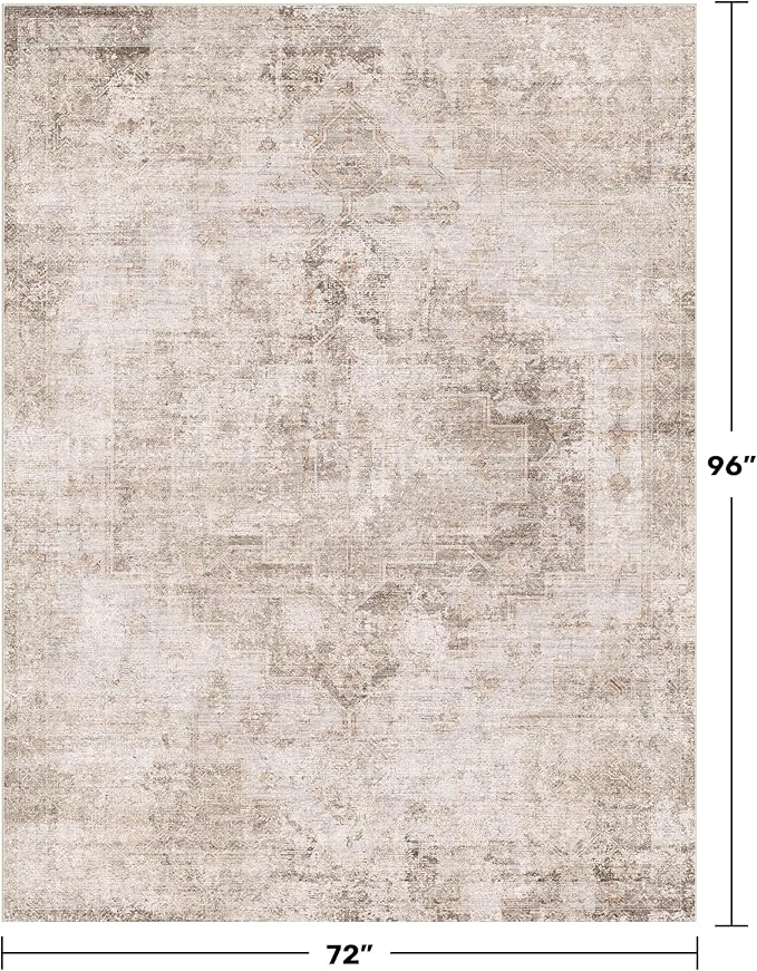 Hazo Haus Neutral Farmhouse Area Rug for Bedroom - 6x8 Washable Rug for Dining Room Table, Ultra-Thin Soft Textured Boho Indoor Decor, Fade & Stain Resistant