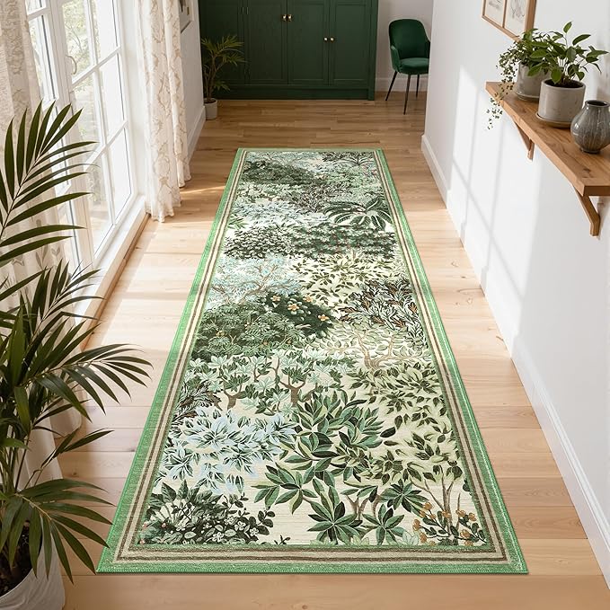 GarveeHome Forest Runner Rug, Beige Green Washable Runner Rug 2x6 for Kitchen, Botanical Low Pile Non Slip Stain Resistance Woodland Hallway Rug for Entryway Bedroom Laundry Room