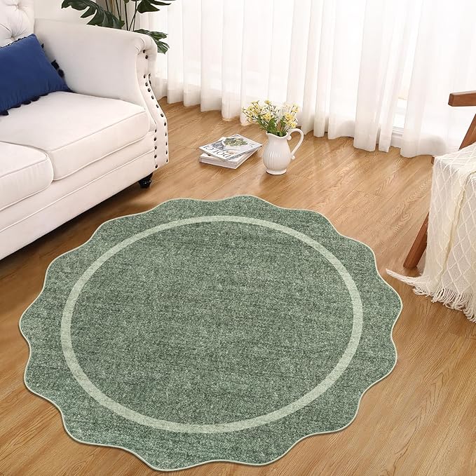 GarveeHome Scalloped Washable Round Rugs, Non-Slip Soft Round Rug 4 ft Ultra-Thin, Small Boho Circle Stain Resistant Low Pile Carpet for Entryway Kitchen Bedroom Nursery Bathroom, Greyish Green