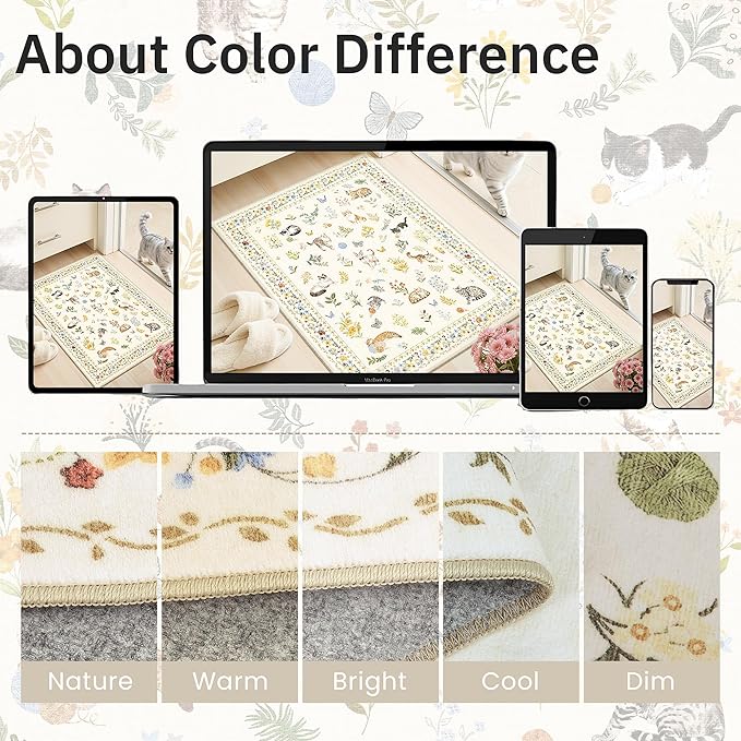 Soalmost Cat 4x6 Area Rugs, Machine Washable Animal Floral Accent Rug Non-Slip Low Pile Soft Throw Rugs for Entryway Kitchen Bedside Living Room Bedroom Nursery Playroom (4 x 6,Beige)