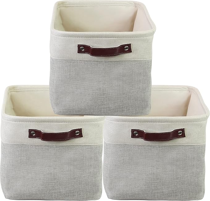 Simple Houseware Large Fabric Storage Bin, 15" x 11" with Leather Like Handles, 3 Pack, Gray
