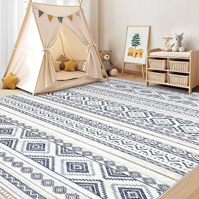 cotiled 10x13 Area Rug Living Room: Washable Boho Rugs with Non Slip Backing Large Soft Indoor Stain Resistant Carpet for Bedroom Farmhouse Dining Room Lightweight Home Decor Blue