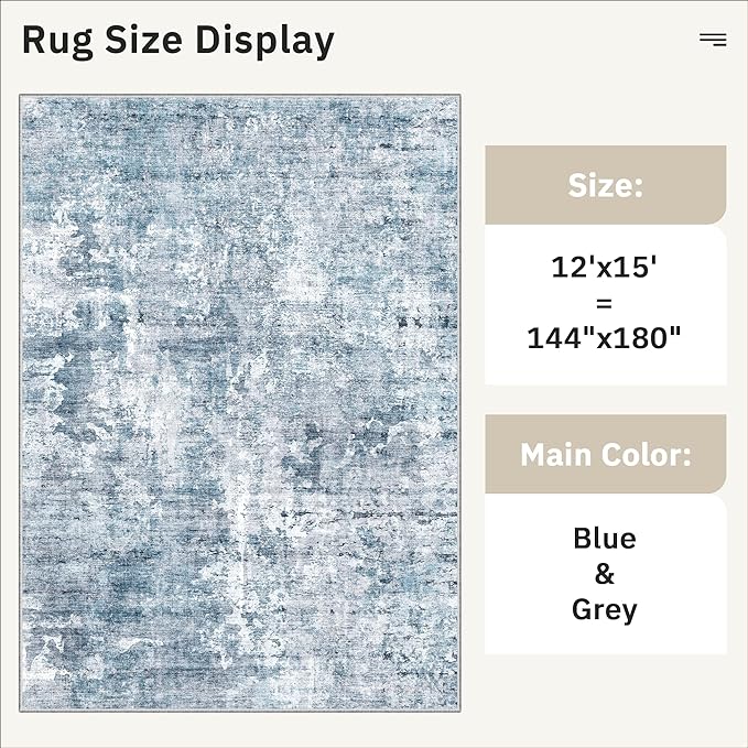 Soalmost 12x15 Washable Area Rug Blue/Grey Neutral Abstract Living Room Large Carpet Non Slip Bedroom Indoor Office Dining Room Low Pile Thin Rug