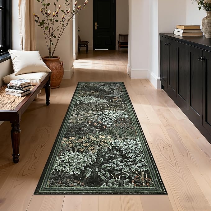 GarveeHome Forest Runner Rug, Black Green Washable Runner Rug 2x6 for Kitchen, Botanical Low Pile Non Slip Stain Resistance Woodland Hallway Rug for Entryway Bedroom Laundry Room
