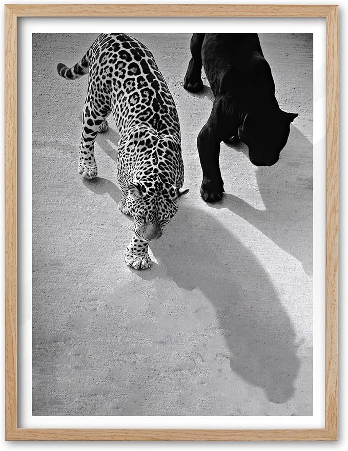 EcoHest Cheetah and Jaguar Walking Framed Wall Art, Large 16x20 in OAK Wood Vintage Black and White Funny Bathroom Canvas Art, Fashion 1950s Decor, Beige Logs Set of 1 for Bedroom Living Room