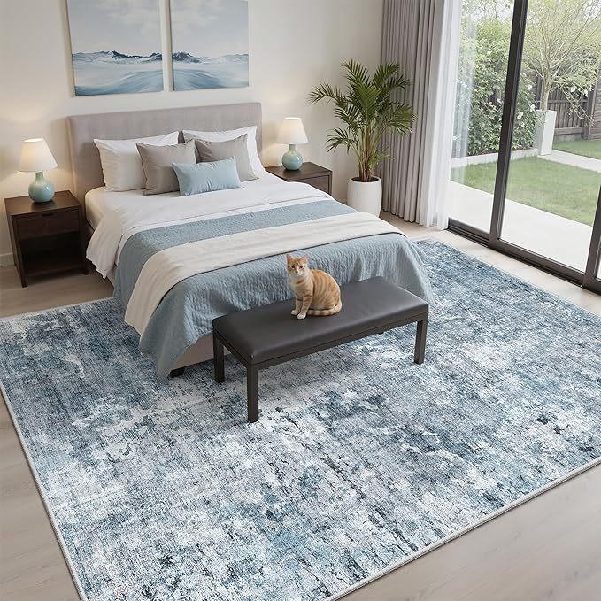 Soalmost 7x9 Area Rug for Living Room Washable Abstract Vintage Soft Thin Indoor Floor Non-Slip Carpet for Bedroom Dining Room Blue Grey