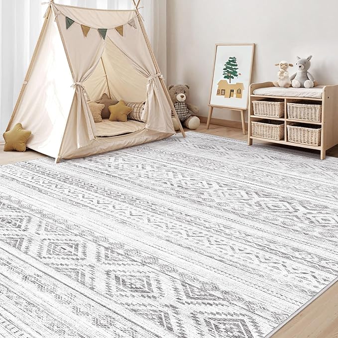 cotiled 5x8 Area Rug Living Room: Washable Boho Rugs with Non Slip Backing Large Soft Indoor Stain Resistant Carpet for Bedroom Farmhouse Dining Room Lightweight Home Decor Light Grey