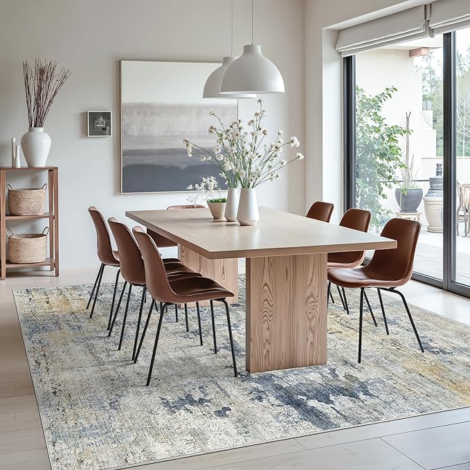 Soalmost Abstract Rug 8x10 Large Living Room Rugs Neutral Modern Washable Area Rugs for Bedroom Dining Room Non-Slip Stain Resistant Foldable Thin Rug Blue Yellow
