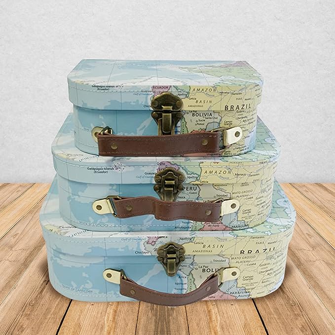 wald imports - Set of 3 Paperboard Suitcases -Decorative Storage Boxes - Suitcase Set for Decoration, Storage, and More (Blue Map)