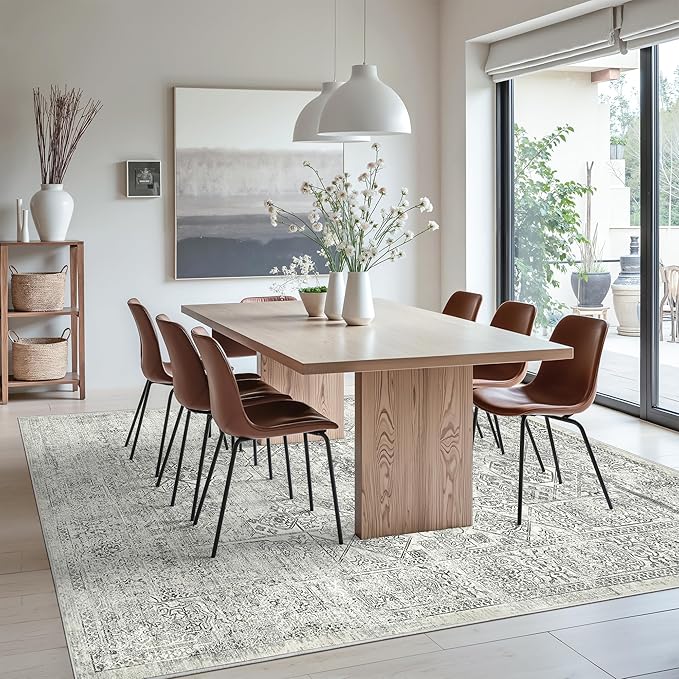 Soalmost Washable Area Rug 8x10, Gray Soft Rug for Living Room Vintage 8x10 Area Rugs for Bedroom Dining Room Floral Non-Slip Thin Grey Rug