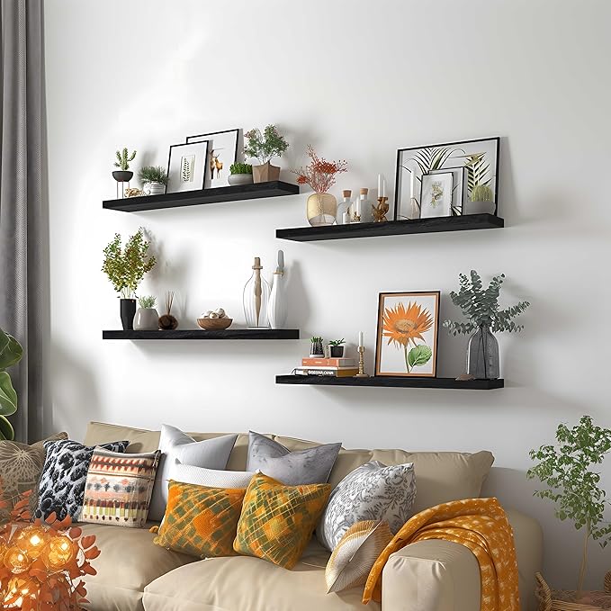 GXYAWPJ 24 Inch Floating Shelves for Wall Rustic Black Wood Wall Shelves for Bedroom Set of 4