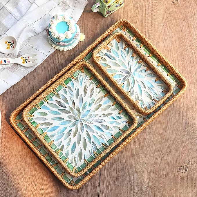 i-lan Set of 3 15" Rectangular Rattan and Blue Mother of Pearl Serving Tray,Boho Rectangule Natural Rattan Woven Trays,Natural Wicker Decorative Serving Baskets for Entryway Kitchen Bathroom Counter