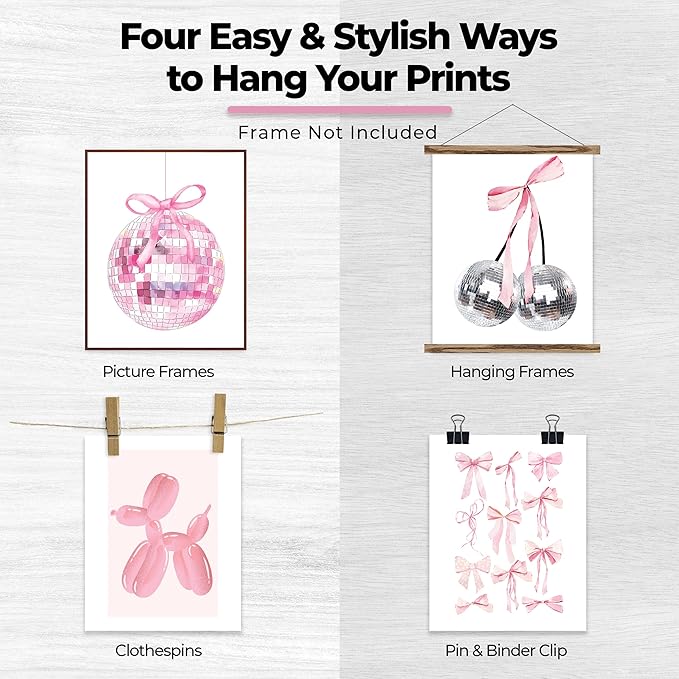 Coquette Room Decor, Preppy Aesthetic Posters for Room, Pink Disco 8 Ball Wall Art Prints, Trendy Cute Teen Girls College Dorm Bedroom TikTok Lucky Cherry Wall Posters, 8 x 10 Unframed, Set of 6