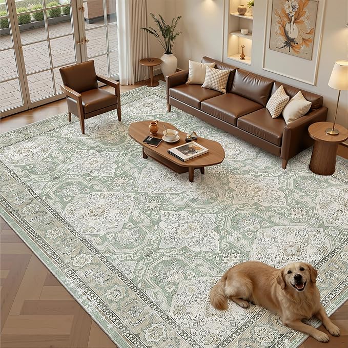 Soalmost 9x12 Area Rugs for Living Room, Non Slip Machine Washable Vintage Rugs, Low Pile Lightweight Large Rug for Bedroom, Dining Room, Home Office Green/Brown