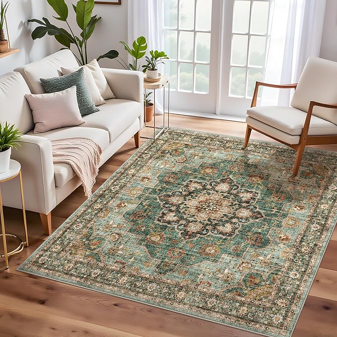 TOPRUUG Green Washable Entry Rug - 4x4 Area Rugs for Kitchen Bedroom Bedside Bathroom Entryway Non Slip with Rubber Backing Low Pile Ultra Soft Stain Resistant Small Carpet (Green, 4x4)