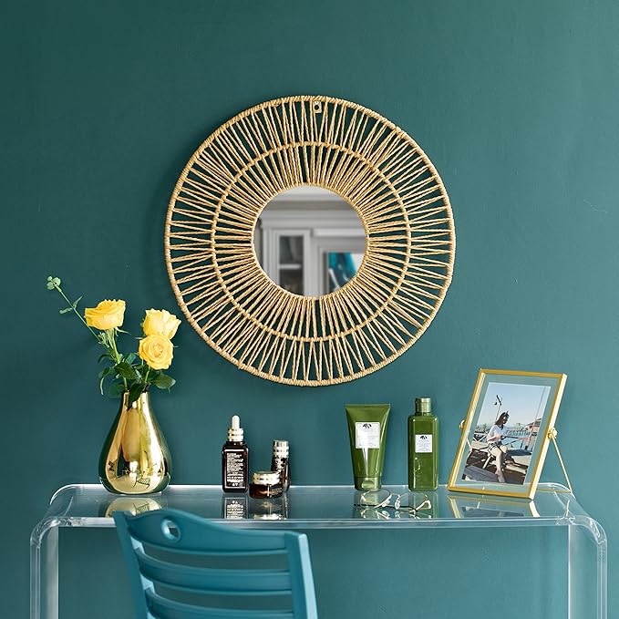 Vintiquewise Decorative Woven Paper Rope Round Shape Bamboo Wood Modern Hanging Wall Mirror