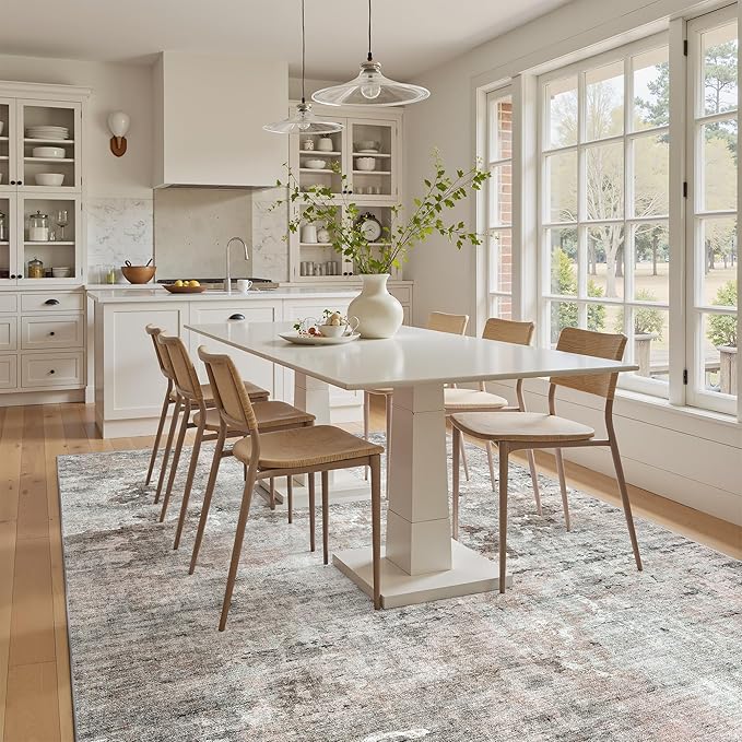 Soalmost 6x9 Abstract Area Rugs for Living Room 6 x 9 Washable Grey Pink Non Slip Low Pile Rugs for Bedroom Dining Room Foldable Thin