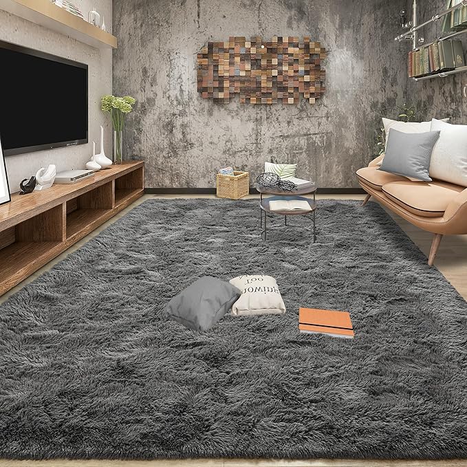 Tepook Fluffy Large Rugs for Living Room, 8x10 Area Rugs for Bedroom, Modern Shag Fuzzy Carpets for Kids Boys Girls, Plush Indoor Nursery Home Decor Rug with Non-Slip Bottom, Dark Grey