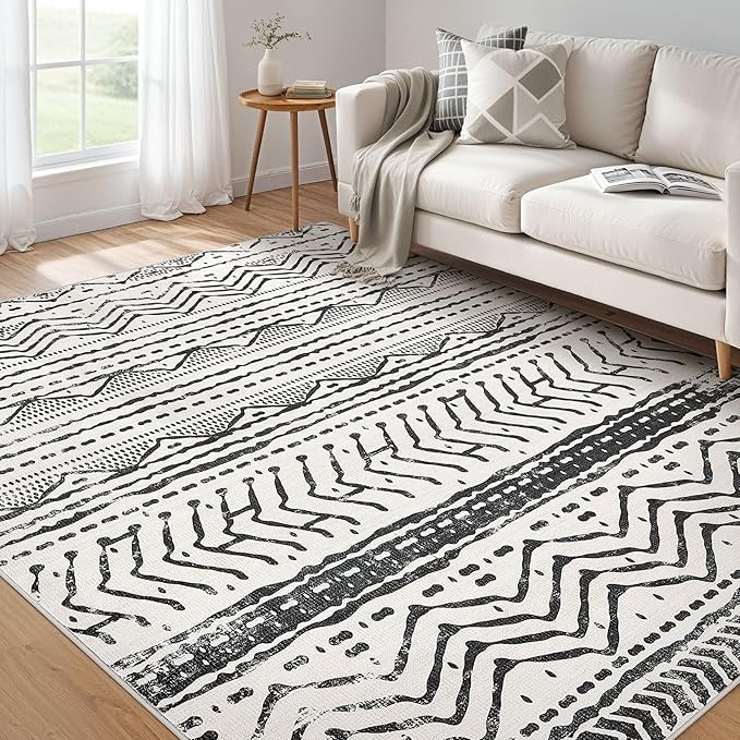 Nakagishi Black Rug for Living Room: 7x9 Washable Boho Large Neutral Soft Farmhouse Area Rugs Stain Resistant Modern Geometric Non-Slip Indoor Floor Carpet for Bedroom Playroom Office Dining Room