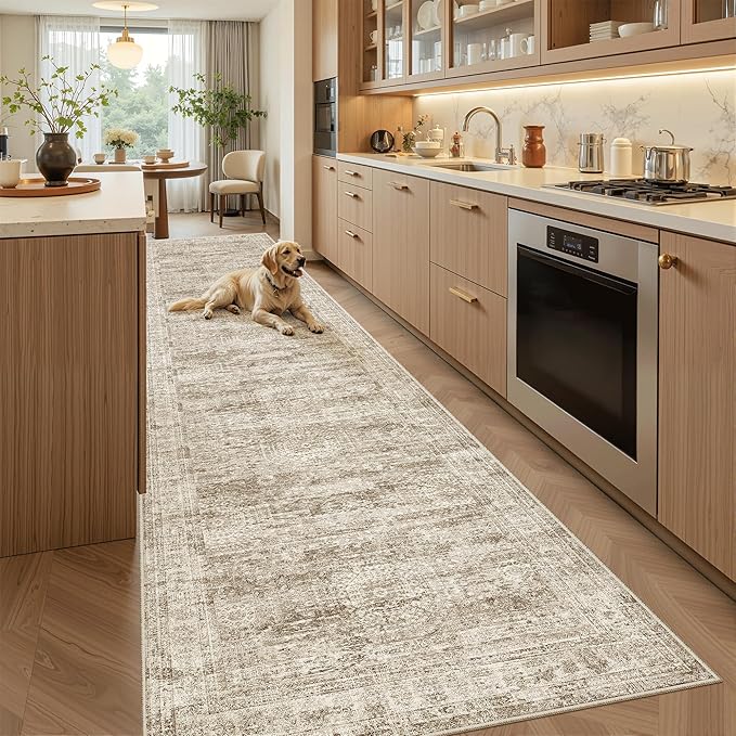 Soalmost Runner Rug 3x12 Washable Non-Slip Hallway Runner Rugs for Kitchen Bathroom Laundry Room Brown Vintage Floor Carpet Runners for Hallways Entryway