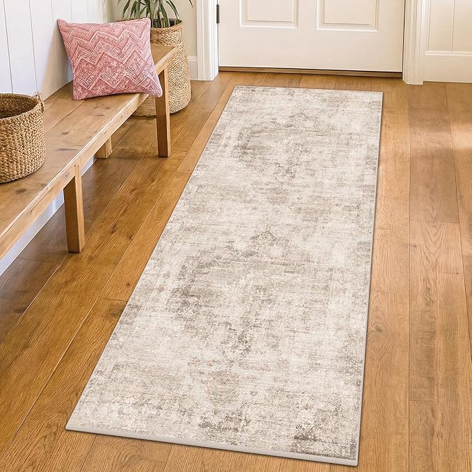 Hazo Haus 2x6 Washable Bathroom Runner Rug, Non Slip Low Pile Runner with Rubber Backing for Hallway, Kitchen and Entryway, Beige Tan Modern Farmhouse Home Decor
