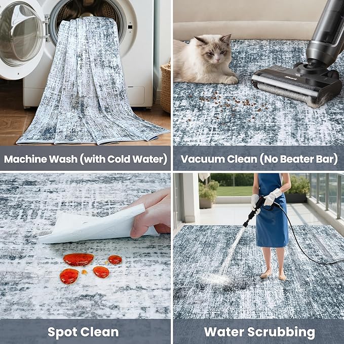 8x10 Area Rugs Washable Rug:Anti-Skid Abstract Modern Living Room Rug Soft Thin Carpets Indoor Floor Non-Shedding Carpet for Bedroom Dining Farmhouse Nursery Home Office(Light Slate Blue/White, 8x10)