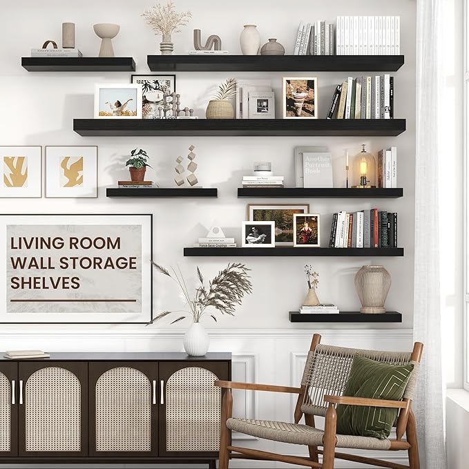 Venusmiles Floating Shelves for Wall 48 inch Long, Engineered Wood Wall Shelves with Invisible Brackets for Living Room Bedroom Bathroom Office Kitchen Decor and Storage, Black Finish, Set of 2
