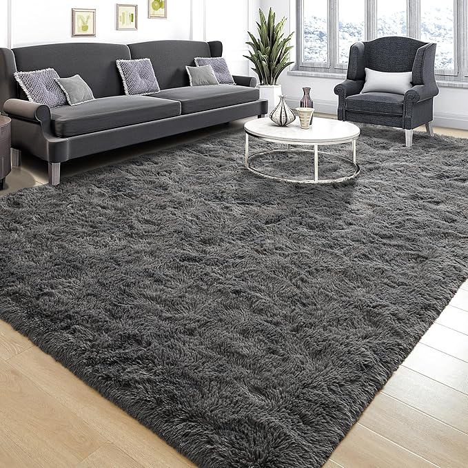 Tepook Fluffy Large Rugs for Living Room, 8x10 Area Rugs for Bedroom, Modern Shag Fuzzy Carpets for Kids Boys Girls, Plush Indoor Nursery Home Decor Rug with Non-Slip Bottom, Dark Grey