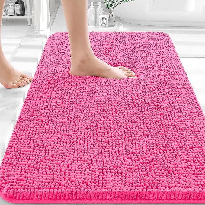 OLANLY Bathroom Rugs 32x20, Extra Soft Absorbent Chenille Bath Rugs, Rubber Backing Quick Dry, Machine Washable Bath Mats for Bathroom Floor, Tub and Shower, Home Decor Accessories, Hot Pink
